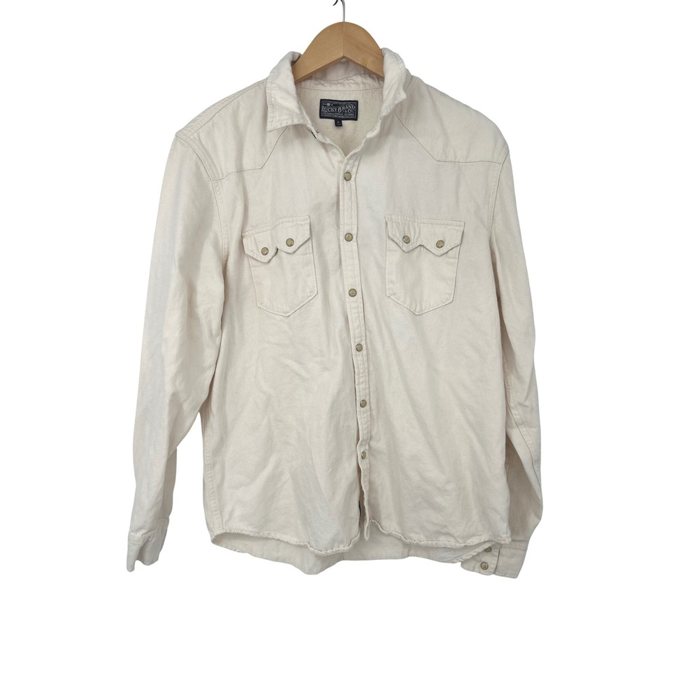 Lucky Brand Mens L Cream Denim Western Pearl Snap Shirt Cowboy Ranchcore